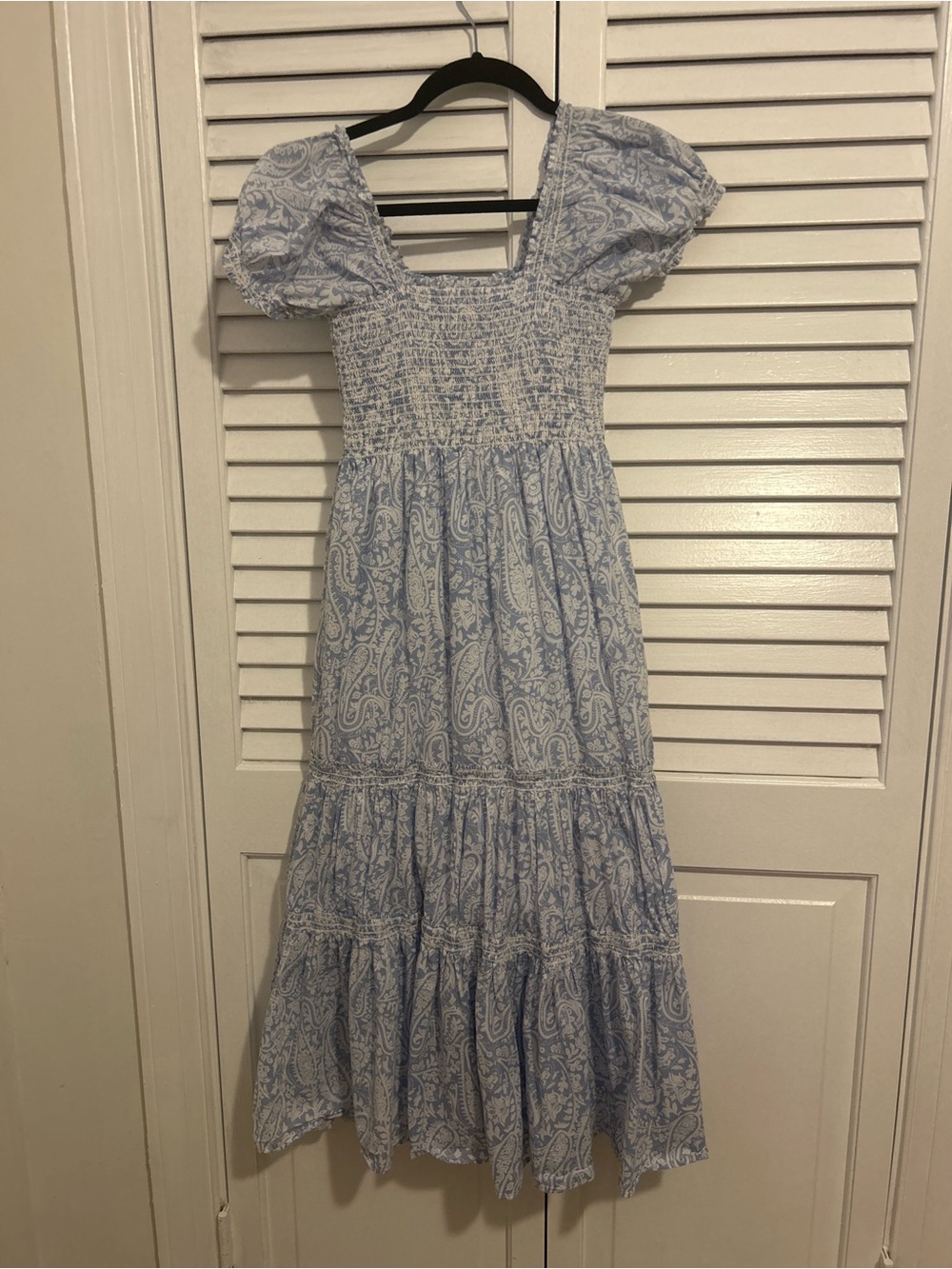 Light Blue Paisley Smocked Midi Dress with Puff Sleeves